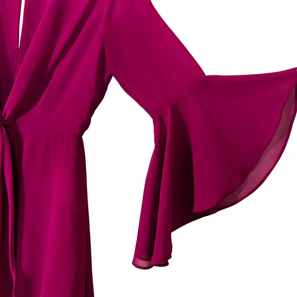 Fabrik Rompers Womens S Hot Pink Silk Long Flare Sleeve Keyhole Boho Date Night - Picture 3 of 6